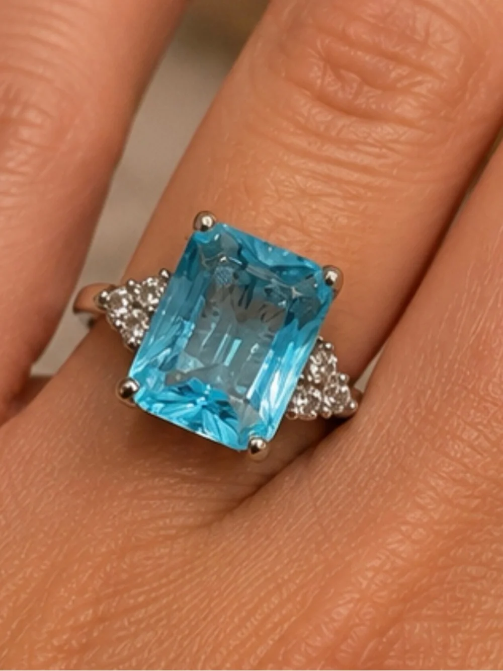 Emerald Cut Aqua Blue Statement Ring – Clear Accent Stones – 925 Sterling